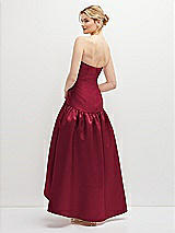 Rear View Thumbnail - Burgundy Strapless Fitted Satin High Low Dress with Shirred Ballgown Skirt