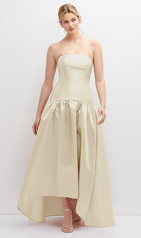 Front View - Champagne Strapless Fitted Satin High Low Dress with Shirred Ballgown Skirt