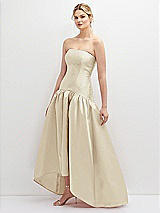 Side View Thumbnail - Champagne Strapless Fitted Satin High Low Dress with Shirred Ballgown Skirt