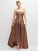 Front View Thumbnail - Cognac Strapless Fitted Satin High Low Dress with Shirred Ballgown Skirt