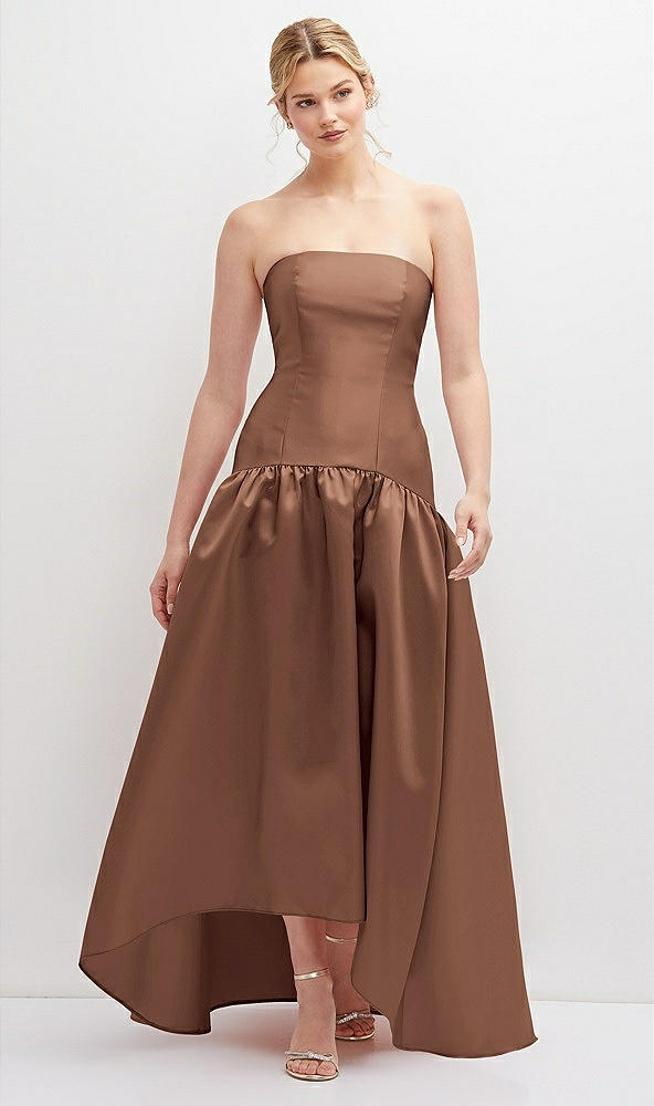Front View - Cognac Strapless Fitted Satin High Low Dress with Shirred Ballgown Skirt