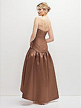 Rear View Thumbnail - Cognac Strapless Fitted Satin High Low Dress with Shirred Ballgown Skirt