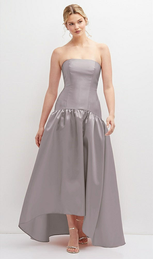 Front View - Cashmere Gray Strapless Fitted Satin High Low Dress with Shirred Ballgown Skirt