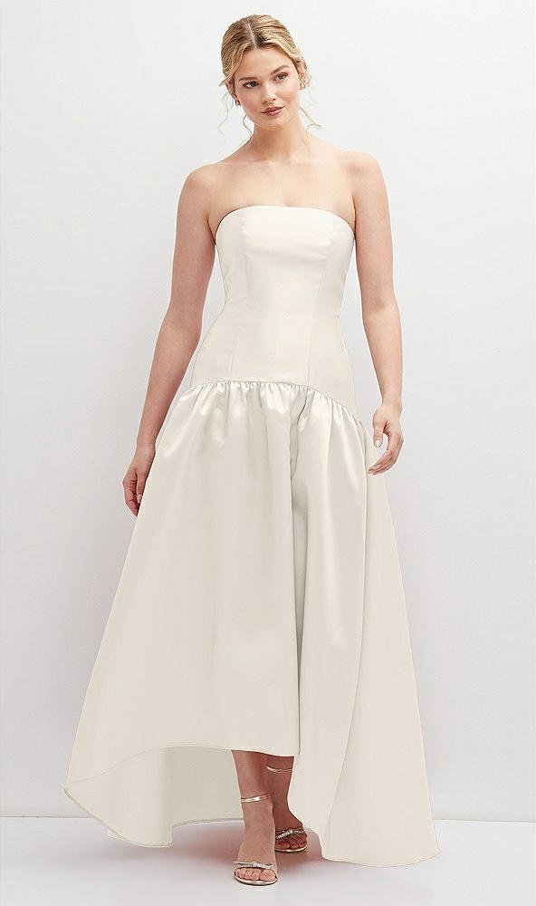 Front View - Ivory Strapless Fitted Satin High Low Dress with Shirred Ballgown Skirt