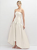 Side View Thumbnail - Ivory Strapless Fitted Satin High Low Dress with Shirred Ballgown Skirt