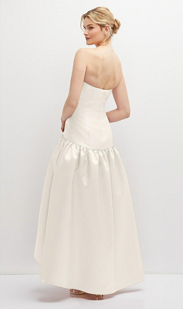 Back View - Ivory Strapless Fitted Satin High Low Dress with Shirred Ballgown Skirt