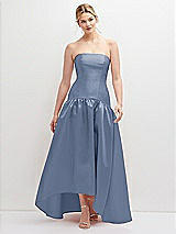 Front View Thumbnail - Larkspur Blue Strapless Fitted Satin High Low Dress with Shirred Ballgown Skirt
