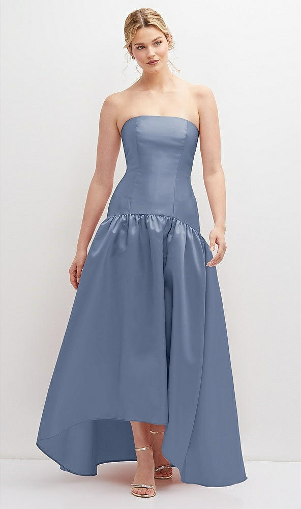 Front View - Larkspur Blue Strapless Fitted Satin High Low Dress with Shirred Ballgown Skirt