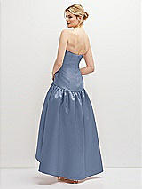 Rear View Thumbnail - Larkspur Blue Strapless Fitted Satin High Low Dress with Shirred Ballgown Skirt