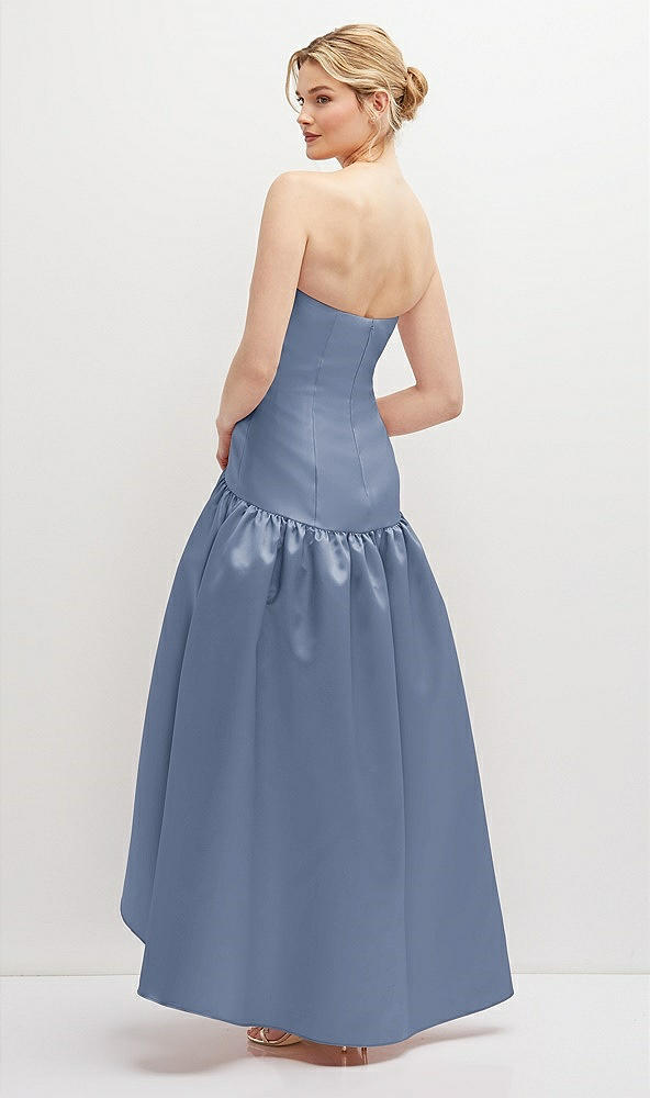 Back View - Larkspur Blue Strapless Fitted Satin High Low Dress with Shirred Ballgown Skirt