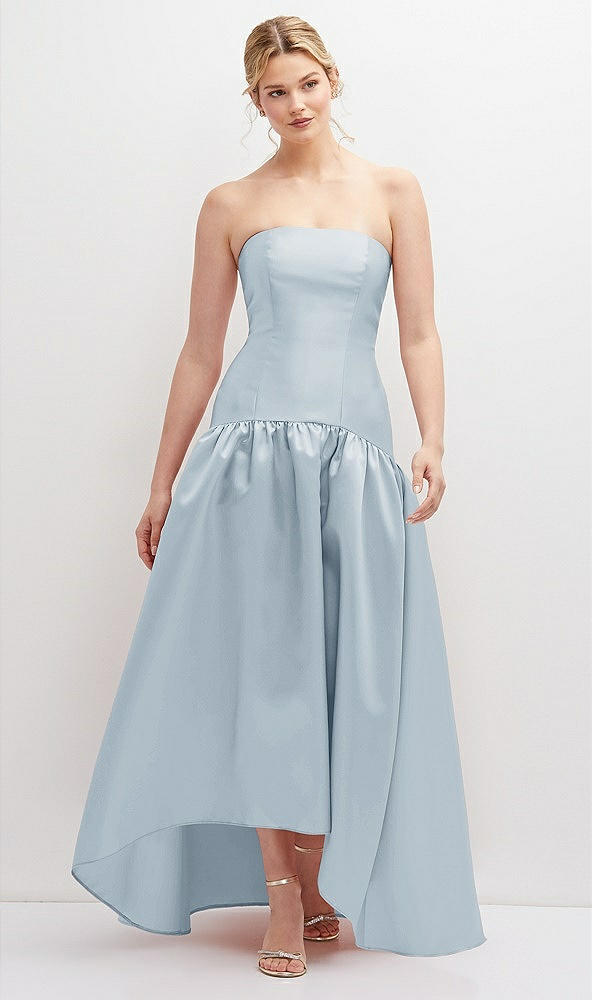 Front View - Mist Strapless Fitted Satin High Low Dress with Shirred Ballgown Skirt