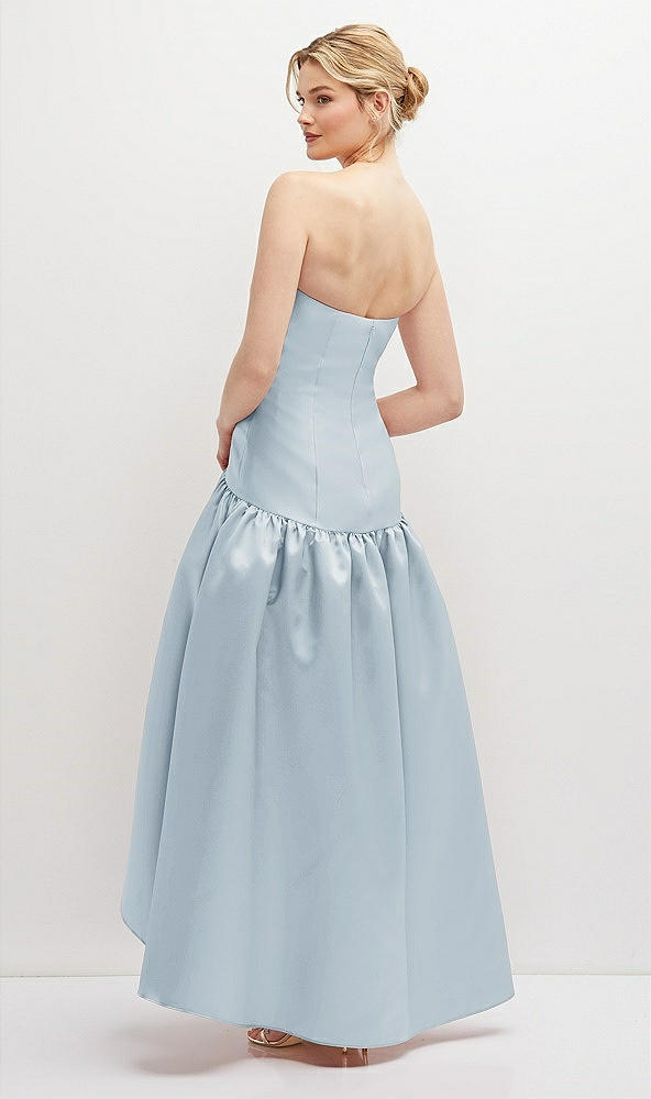 Back View - Mist Strapless Fitted Satin High Low Dress with Shirred Ballgown Skirt