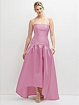 Front View Thumbnail - Powder Pink Strapless Fitted Satin High Low Dress with Shirred Ballgown Skirt