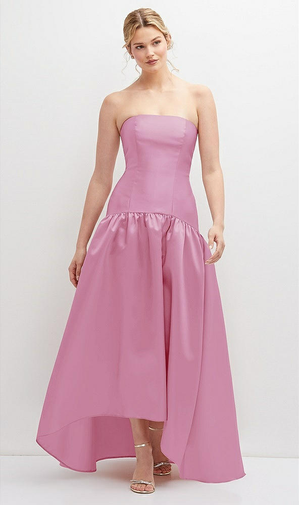 Front View - Powder Pink Strapless Fitted Satin High Low Dress with Shirred Ballgown Skirt
