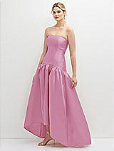Side View Thumbnail - Powder Pink Strapless Fitted Satin High Low Dress with Shirred Ballgown Skirt