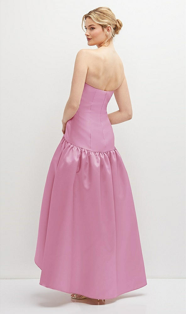 Back View - Powder Pink Strapless Fitted Satin High Low Dress with Shirred Ballgown Skirt