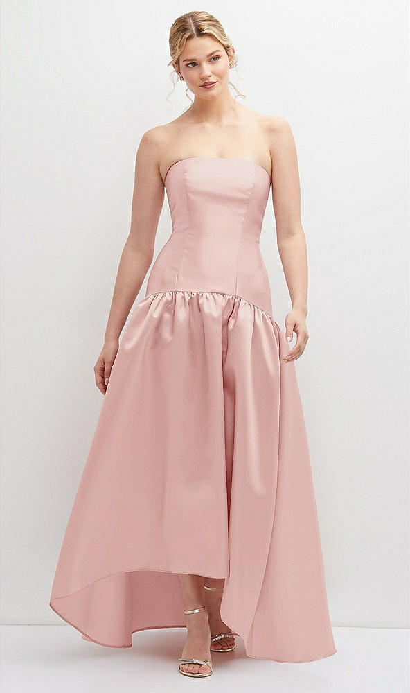 Front View - Rose Strapless Fitted Satin High Low Dress with Shirred Ballgown Skirt