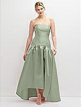 Front View Thumbnail - Sage Strapless Fitted Satin High Low Dress with Shirred Ballgown Skirt