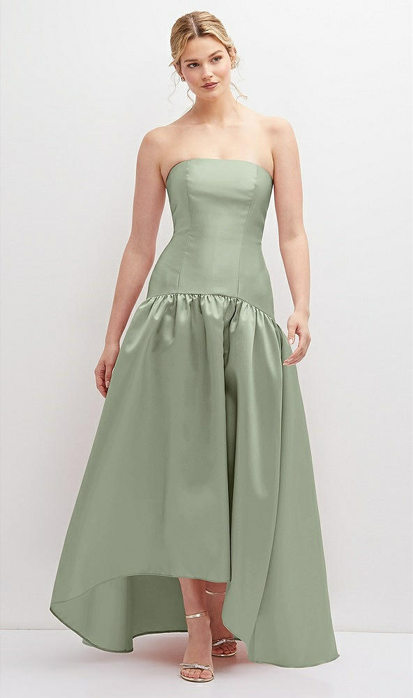 Front View - Sage Strapless Fitted Satin High Low Dress with Shirred Ballgown Skirt