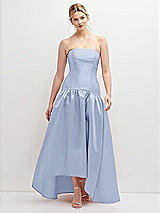 Front View Thumbnail - Sky Blue Strapless Fitted Satin High Low Dress with Shirred Ballgown Skirt