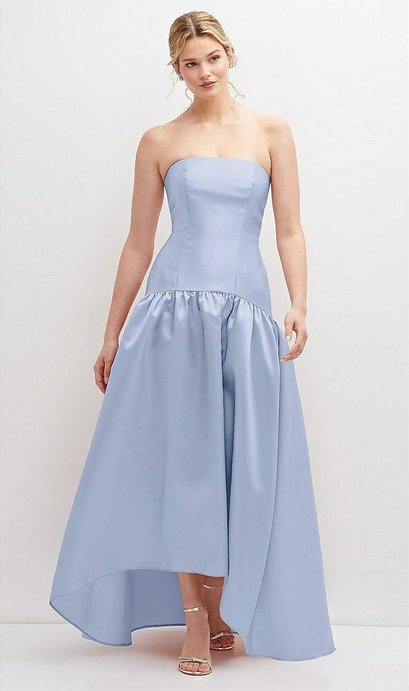 Front View - Sky Blue Strapless Fitted Satin High Low Dress with Shirred Ballgown Skirt