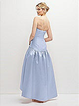 Rear View Thumbnail - Sky Blue Strapless Fitted Satin High Low Dress with Shirred Ballgown Skirt