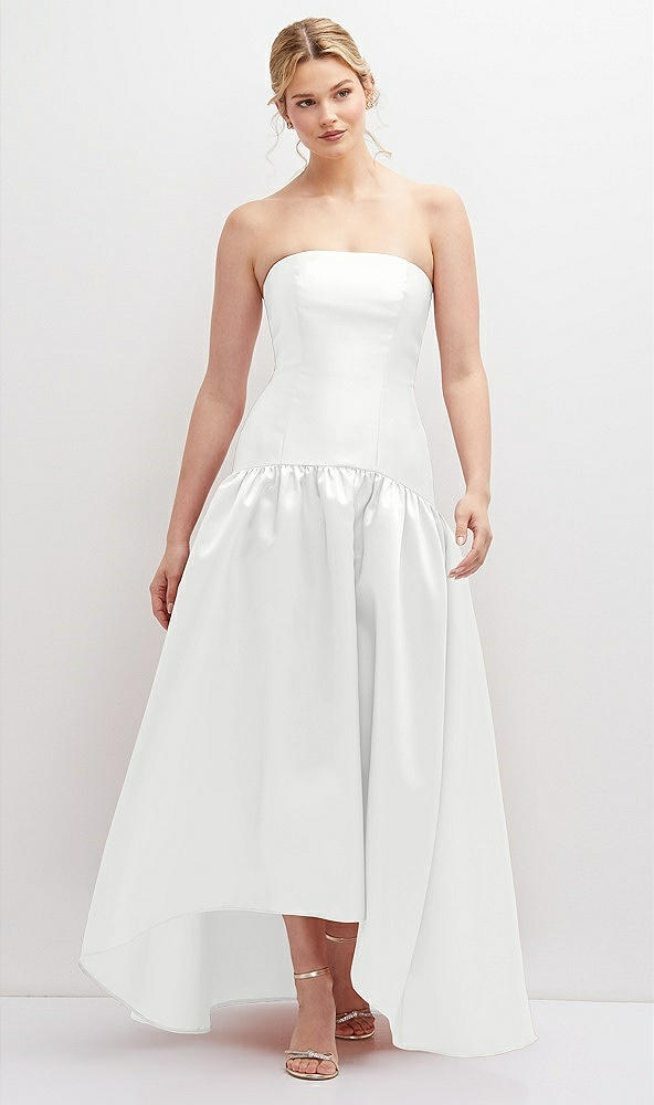 Front View - White Strapless Fitted Satin High Low Dress with Shirred Ballgown Skirt