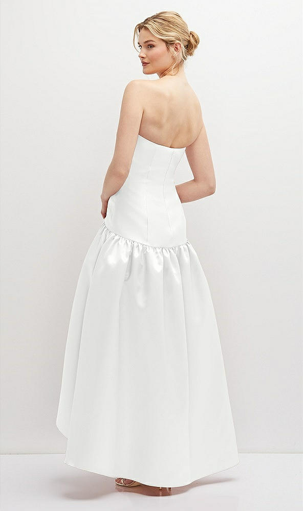 Back View - White Strapless Fitted Satin High Low Dress with Shirred Ballgown Skirt