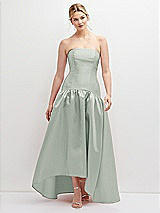 Front View Thumbnail - Willow Green Strapless Fitted Satin High Low Dress with Shirred Ballgown Skirt