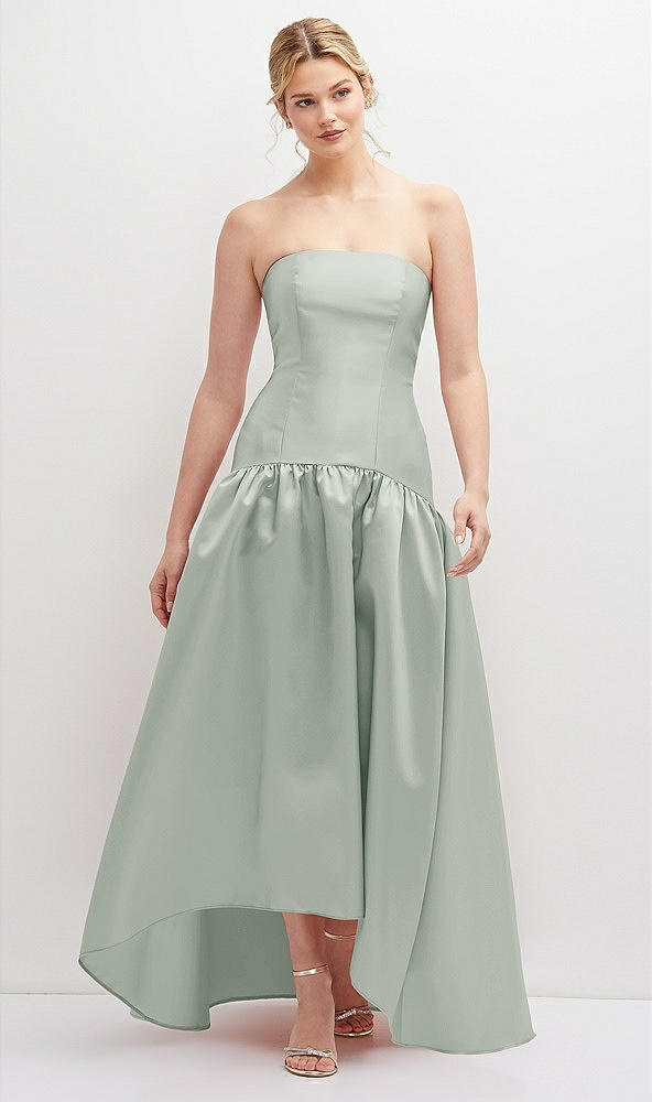 Front View - Willow Green Strapless Fitted Satin High Low Dress with Shirred Ballgown Skirt