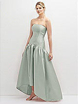 Side View Thumbnail - Willow Green Strapless Fitted Satin High Low Dress with Shirred Ballgown Skirt