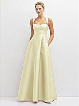 Front View Thumbnail - Butter Yellow Lace-Up Back Bustier Satin Dress with Full Skirt and Pockets