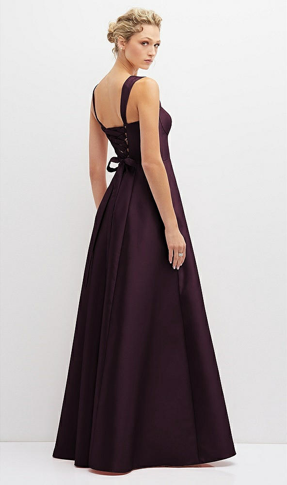 Back View - Deep Plum Lace-Up Back Bustier Satin Dress with Full Skirt and Pockets