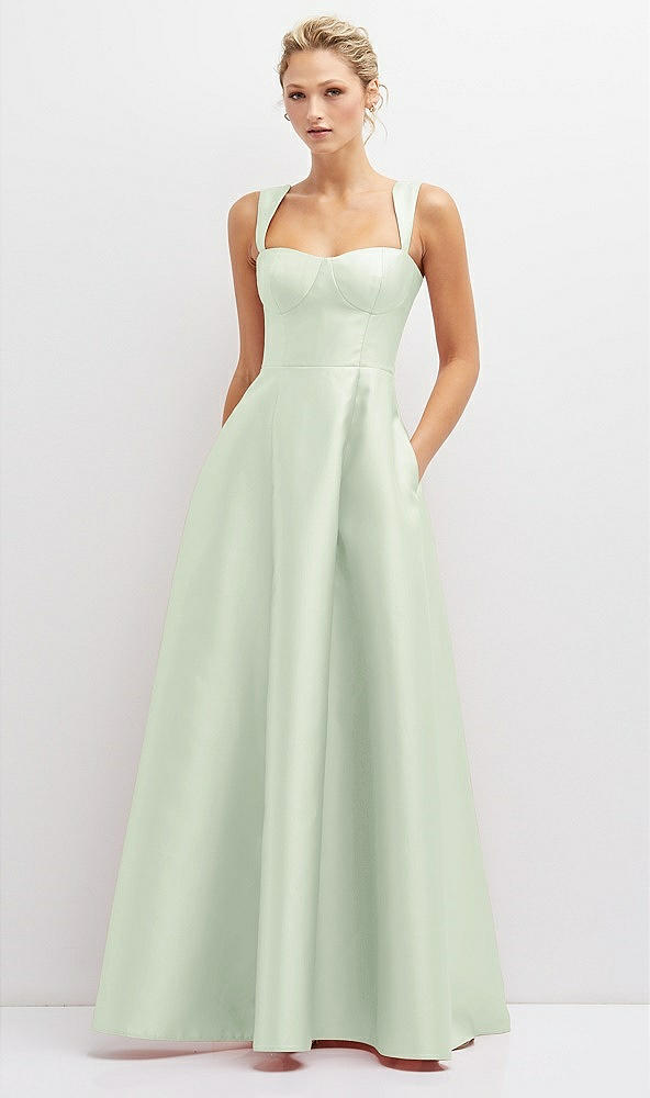 Front View - Mint Green Lace-Up Back Bustier Satin Dress with Full Skirt and Pockets
