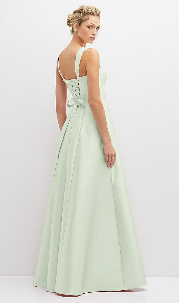 Back View - Mint Green Lace-Up Back Bustier Satin Dress with Full Skirt and Pockets
