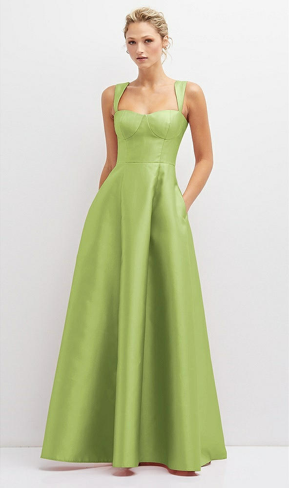 Front View - Mojito Lace-Up Back Bustier Satin Dress with Full Skirt and Pockets