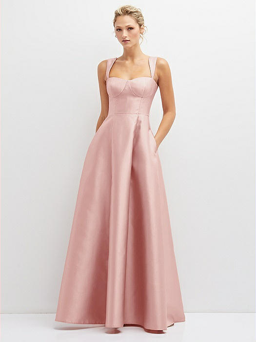 Lace-Up Back Bustier Satin Dress with Full Skirt and Pockets