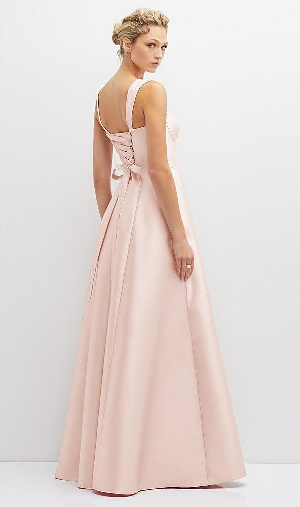Back View - Blush Lace-Up Back Bustier Satin Dress with Full Skirt and Pockets