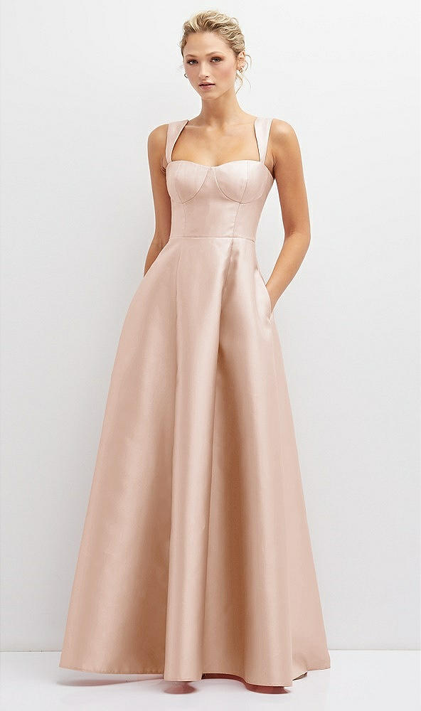 Front View - Cameo Lace-Up Back Bustier Satin Dress with Full Skirt and Pockets