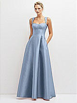 Front View Thumbnail - Cloudy Lace-Up Back Bustier Satin Dress with Full Skirt and Pockets