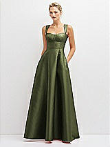 Front View Thumbnail - Olive Green Lace-Up Back Bustier Satin Dress with Full Skirt and Pockets