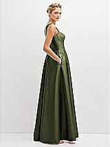 Side View Thumbnail - Olive Green Lace-Up Back Bustier Satin Dress with Full Skirt and Pockets