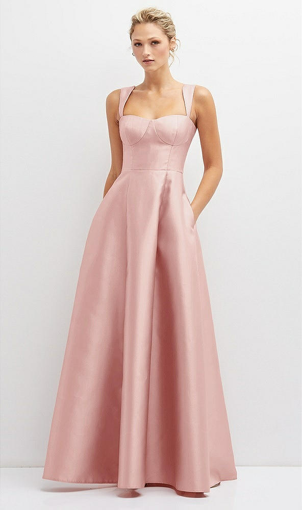 Front View - Rose Lace-Up Back Bustier Satin Dress with Full Skirt and Pockets