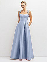 Front View Thumbnail - Sky Blue Lace-Up Back Bustier Satin Dress with Full Skirt and Pockets