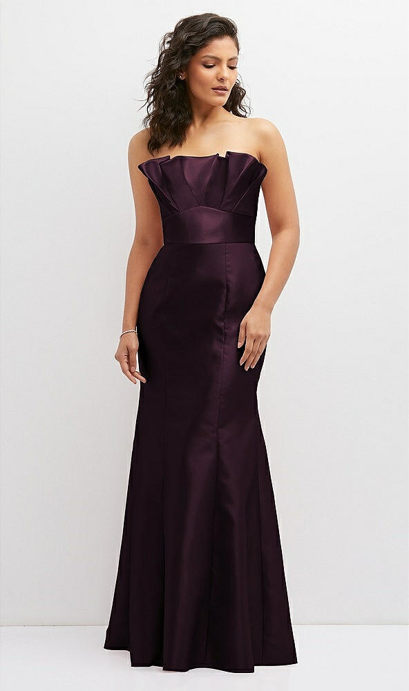 Front View - Deep Plum Strapless Satin Fit and Flare Dress with Crumb-Catcher Bodice
