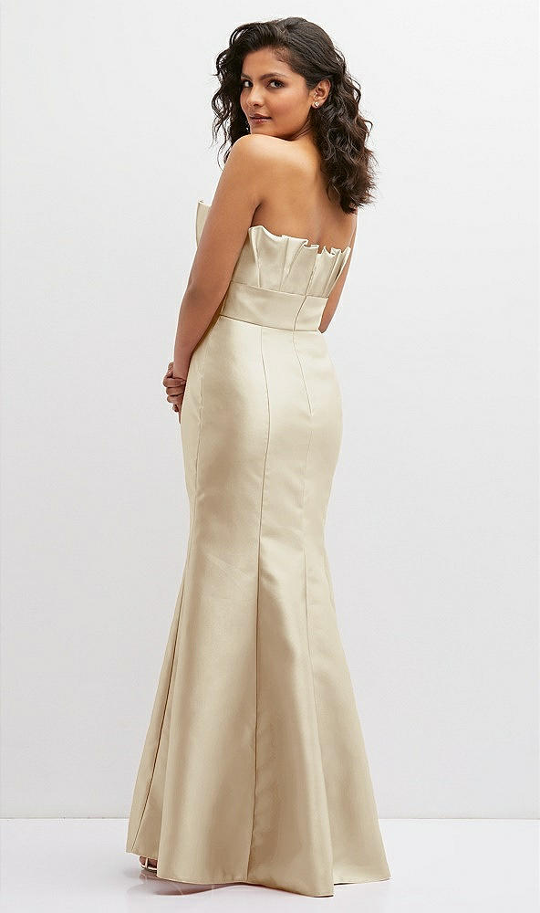 Back View - Champagne Strapless Satin Fit and Flare Dress with Crumb-Catcher Bodice