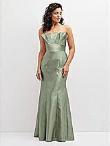 Front View Thumbnail - Sage Strapless Satin Fit and Flare Dress with Crumb-Catcher Bodice
