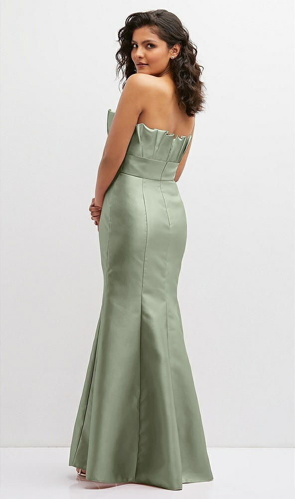 Back View - Sage Strapless Satin Fit and Flare Dress with Crumb-Catcher Bodice