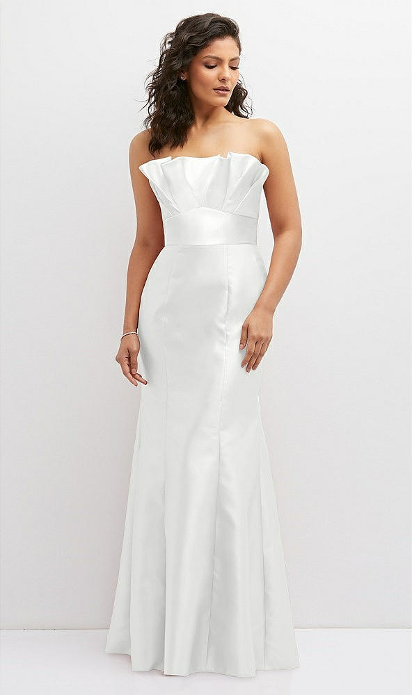 Front View - White Strapless Satin Fit and Flare Dress with Crumb-Catcher Bodice