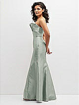 Side View Thumbnail - Willow Green Strapless Satin Fit and Flare Dress with Crumb-Catcher Bodice